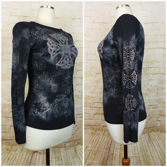 Y2K VTG Bejeweled Embellished Rhinestone Cross Thermal Top Womens XL Black Goth - Picture 11 of 12
